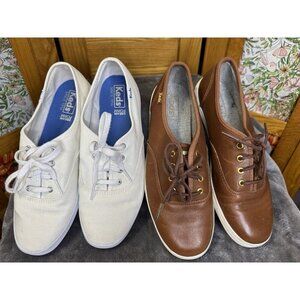 KEDS Champion Lace-Up Casual Sneakers White/Brown Canvas Leather Sz 7 2 Pairs